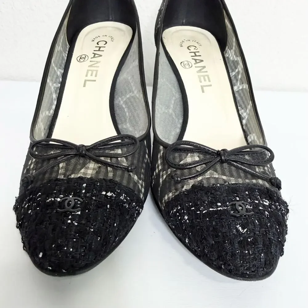 Chanel Black Mesh Tweed Cap Toe Bow Pumps Heels 37.5